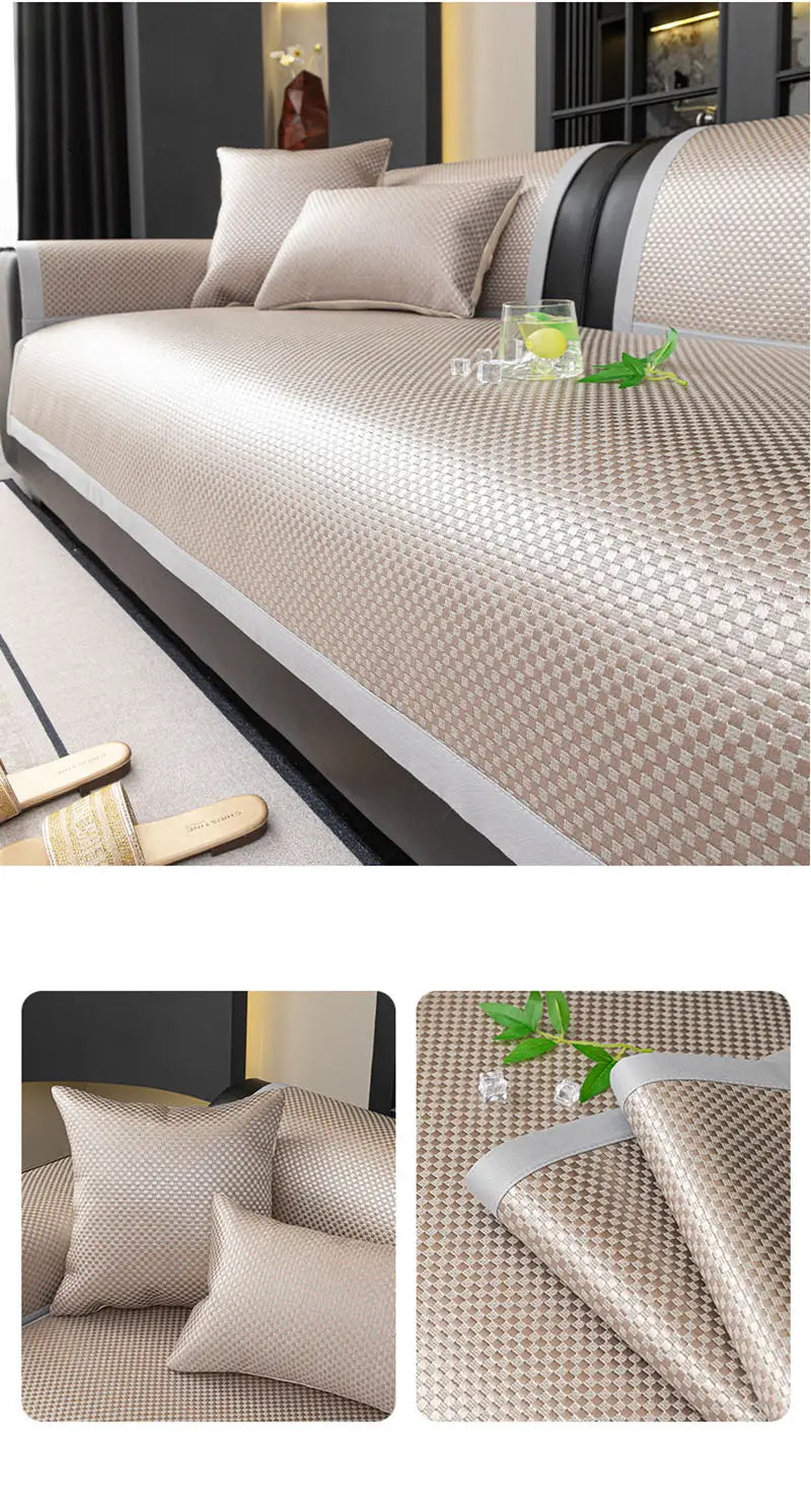 Tapis de canapé en rotin rafraîchissant en maille tissée beige, avec un motif géométrique discret et une bordure antidérapante noire et blanche pour protéger les meubles.