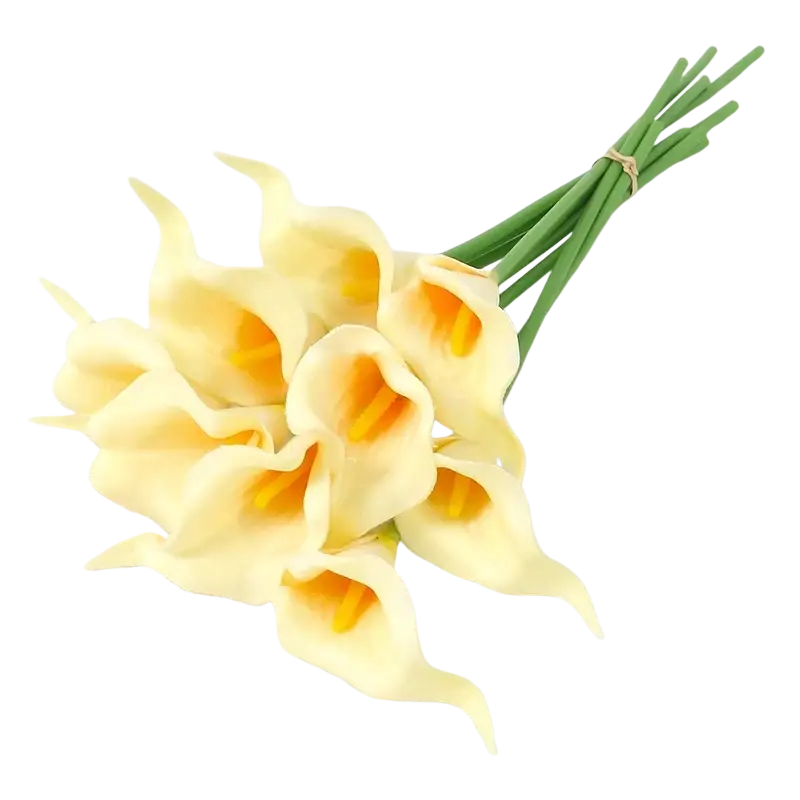 A delicate cream-colored calla lily flower bouquet with vibrant orange centers tied by simple twine viewed from front