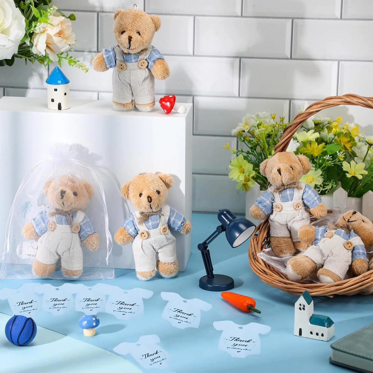 12-30 Sets Bear Baby Shower Favor for Guest Stuffed Plush Mini Bears Thank You Cards Organza Bag for Gender Reveal Guest Gifts