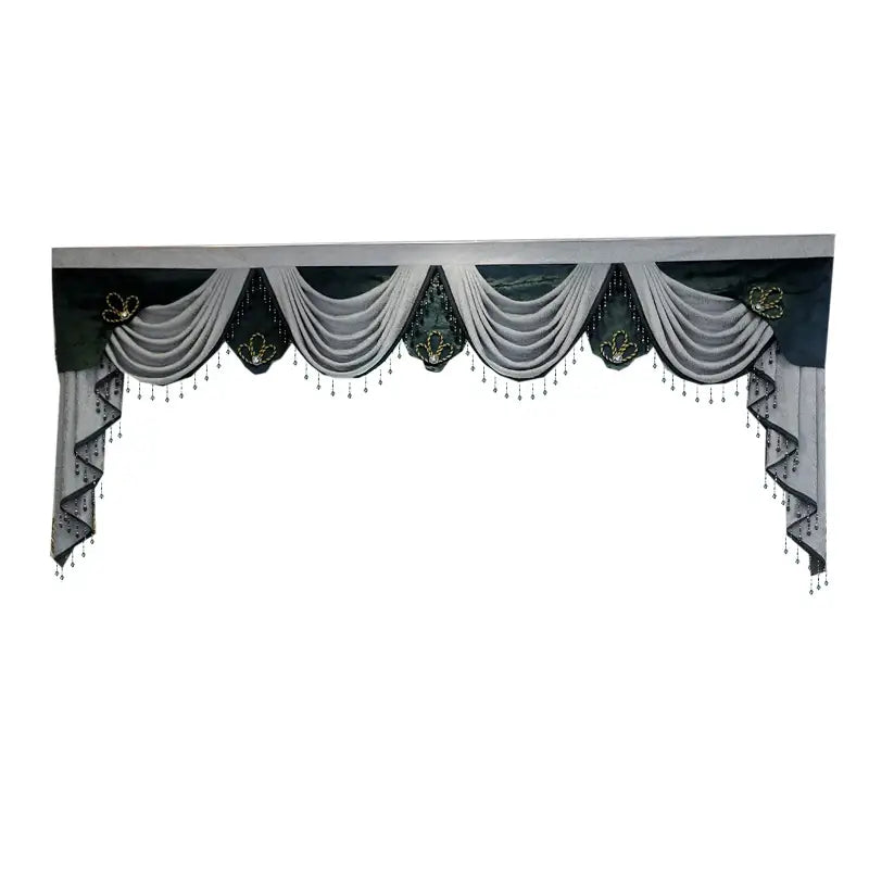 Elegant two-toned embroidered living room curtain for french window featuring silver-gray draping with dark green lace accents and beaded fringe valance.