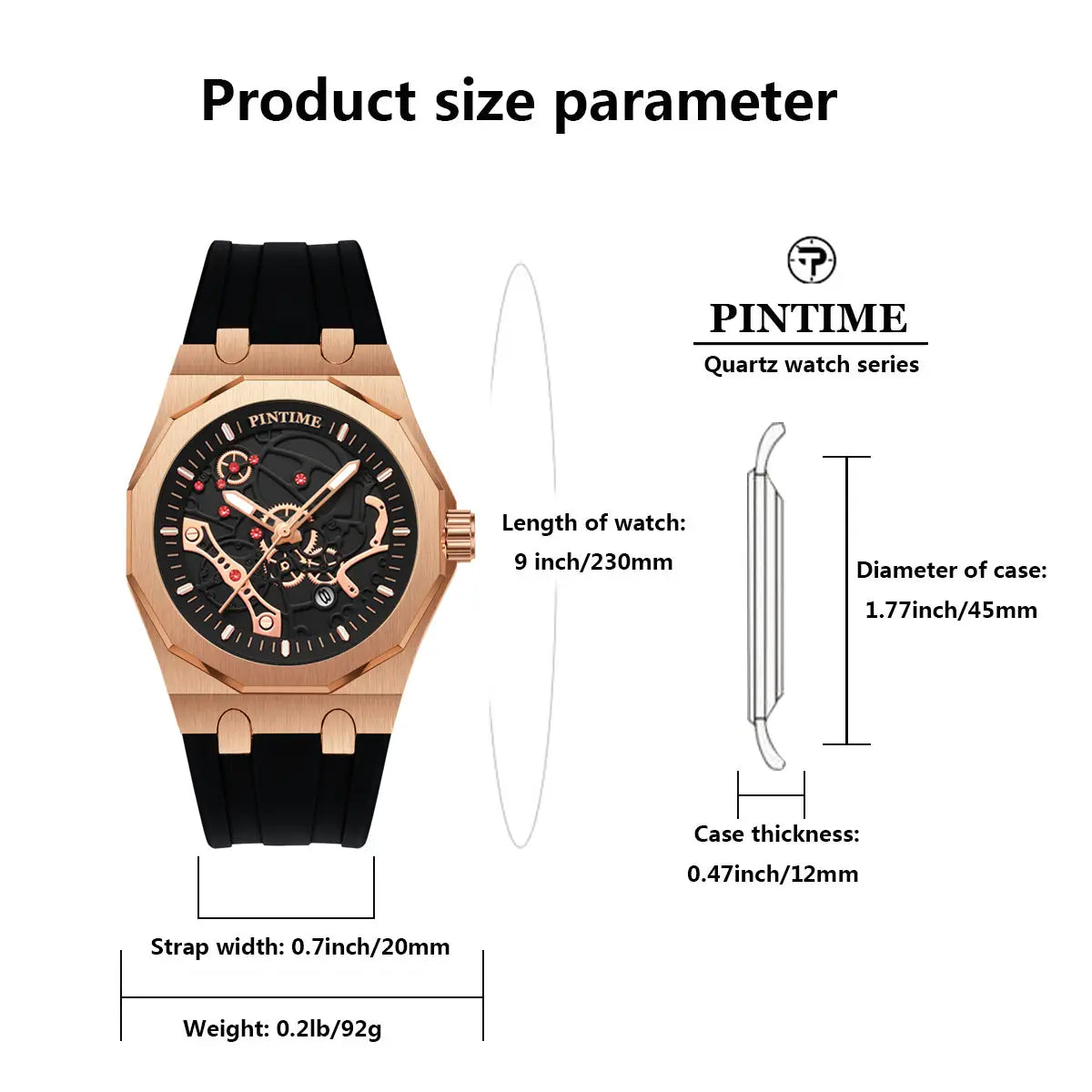 Rose gold-tone pintime men luxury skeleton quartz watch with a black skeleton dial and matching black rubber strap.