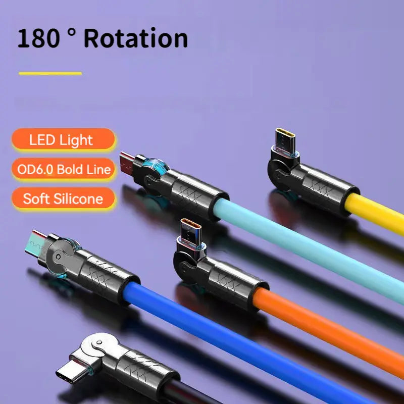Bunte 120-W-Rotations-Silikon-USB-C-Kabel mit weichen Silikonummantelungen, 180°-drehbaren Steckverbindern und LED-Leuchten zur verbesserten Sichtbarkeit.