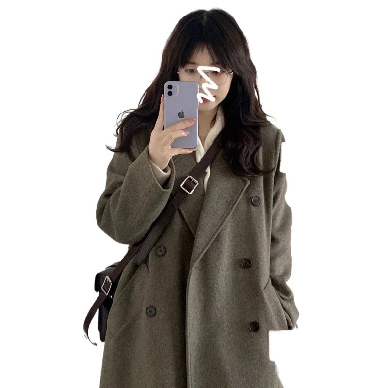 Women Elegant Midi Wool Blends Coat Korean Thicken Long Bandage Jackets Oversized Lace Up Outwear White Cardigan Woolen Overcoat