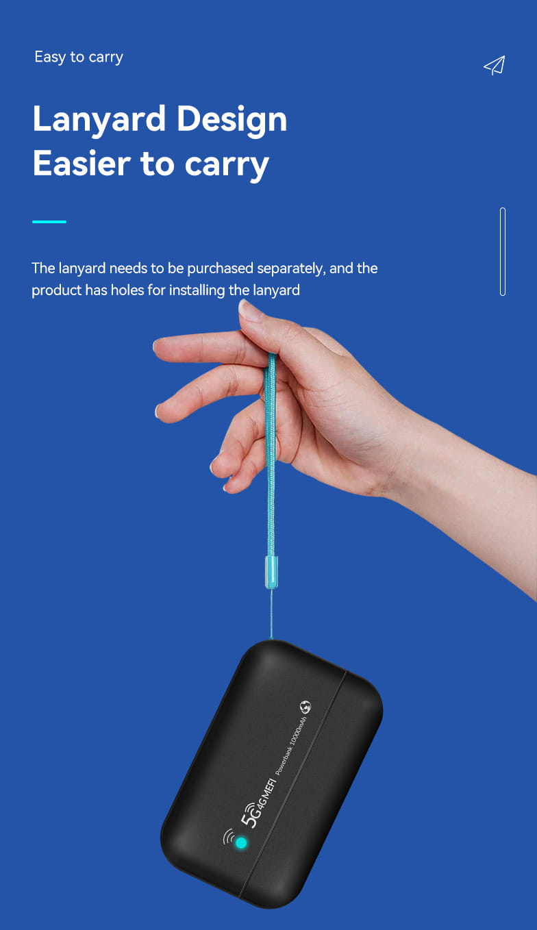 Schwarze rechteckige 5G-Router-Hülle mit angehängtem türkisfarbenem Lanyard für eine LTE-Powerbank mit 10.000 mAh, die das externe Laden von WLAN- und Lade-WLAN-Router-Funktionen ermöglicht.