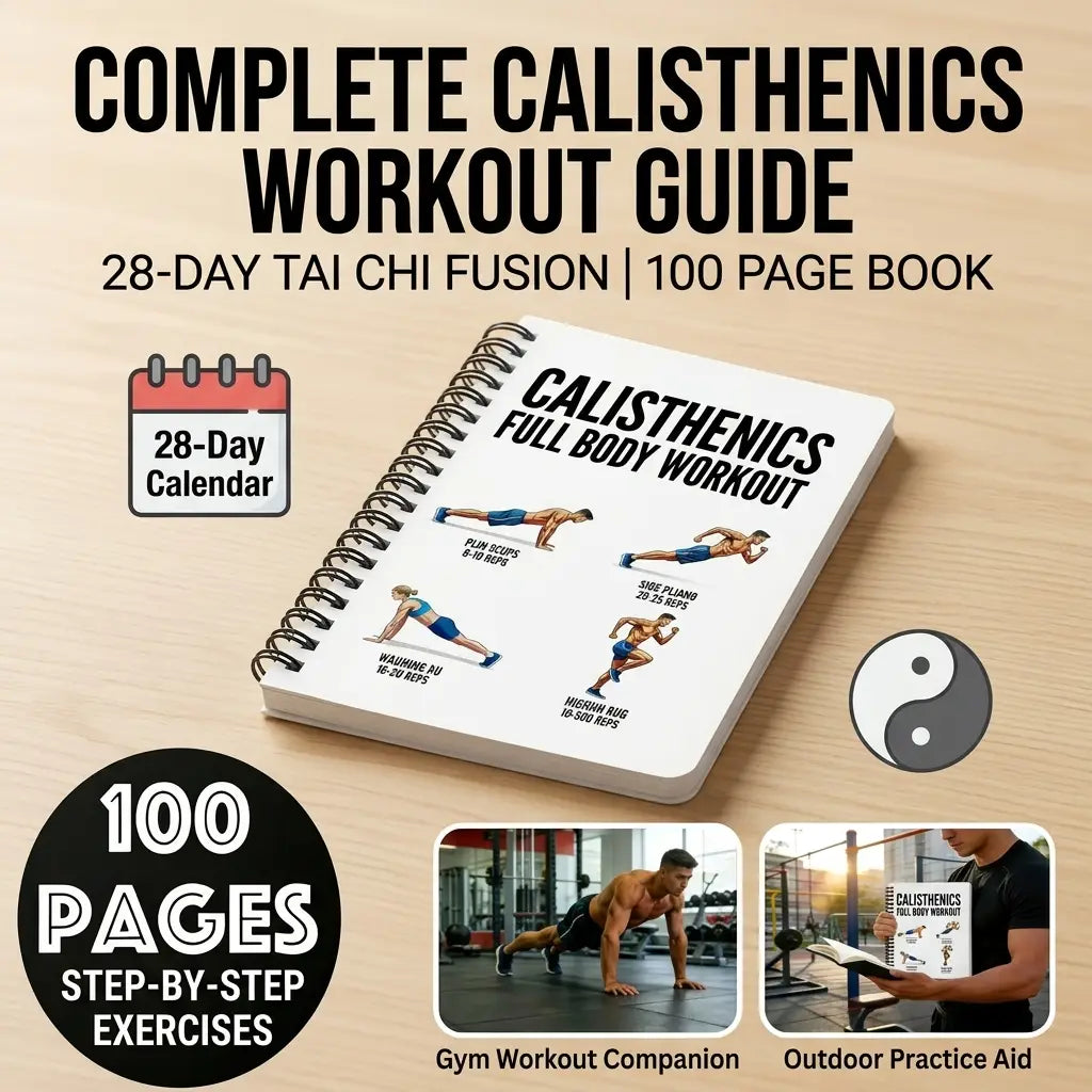 white spiral-bound calisthenics workout journal and fitness planner featuring black text and illustrations of calisthenics exercises