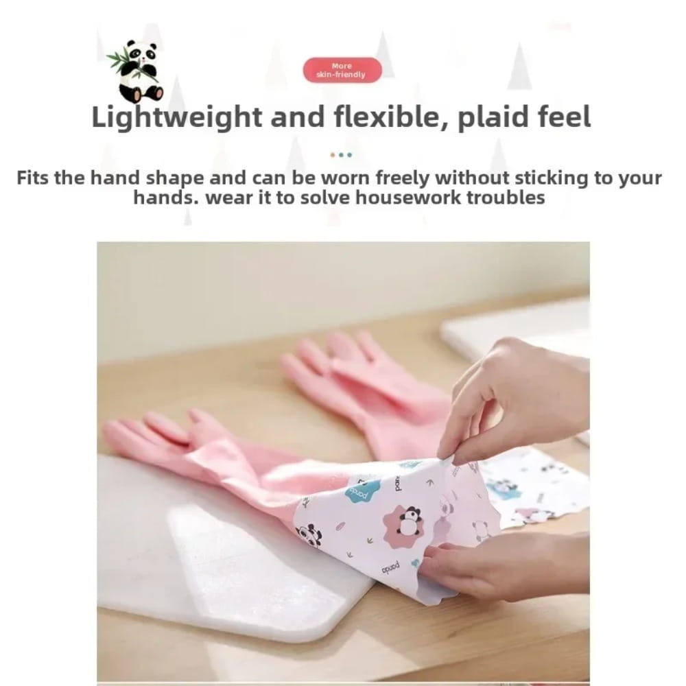 Pink waterproof cleaning gloves made of rubber with panda cuffs and a plaid pattern shown being worn for household tasks.