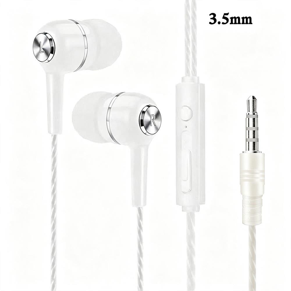 écouteurs filaires intra-auriculaires pour téléphone mobile blancs, avec accents métalliques argentés, une prise audio jack 3,5 mm et un module de commande en ligne pour le réglage du volume et le changement de piste.