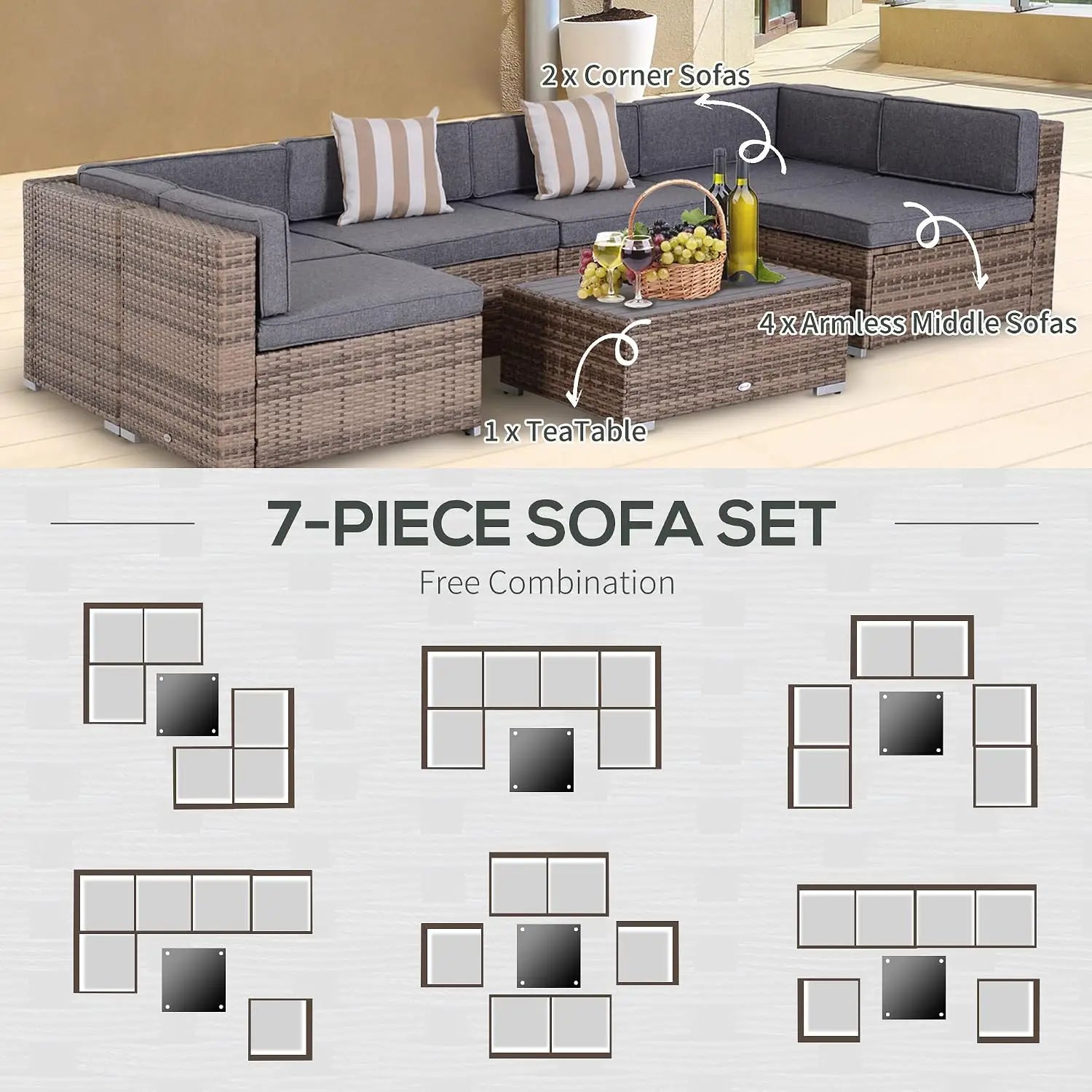 brown wicker outdoor sectional sofa furniture set with gray cushions and striped throw pillows including a coffee table in a patio furniture set