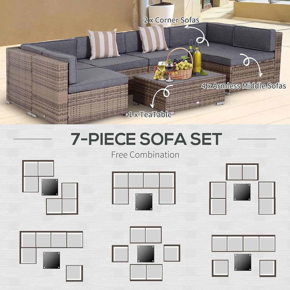 7 Piece Patio Furniture Set Wicker Outdoor Sectional Gray, Custom