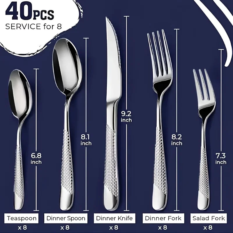 40-Piece Stainless Steel Tableware Set, Advanced Stainless Steel Kitchenware Set, Including Knives, Forks, Spoons and Tableware.