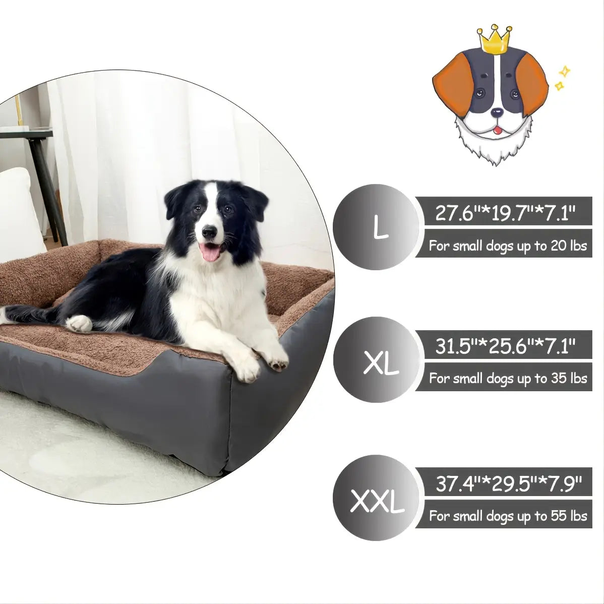 A cozy two-toned dog bed sofa with a plush brown interior and dark gray exterior designed as a comfortable puppy accessory.