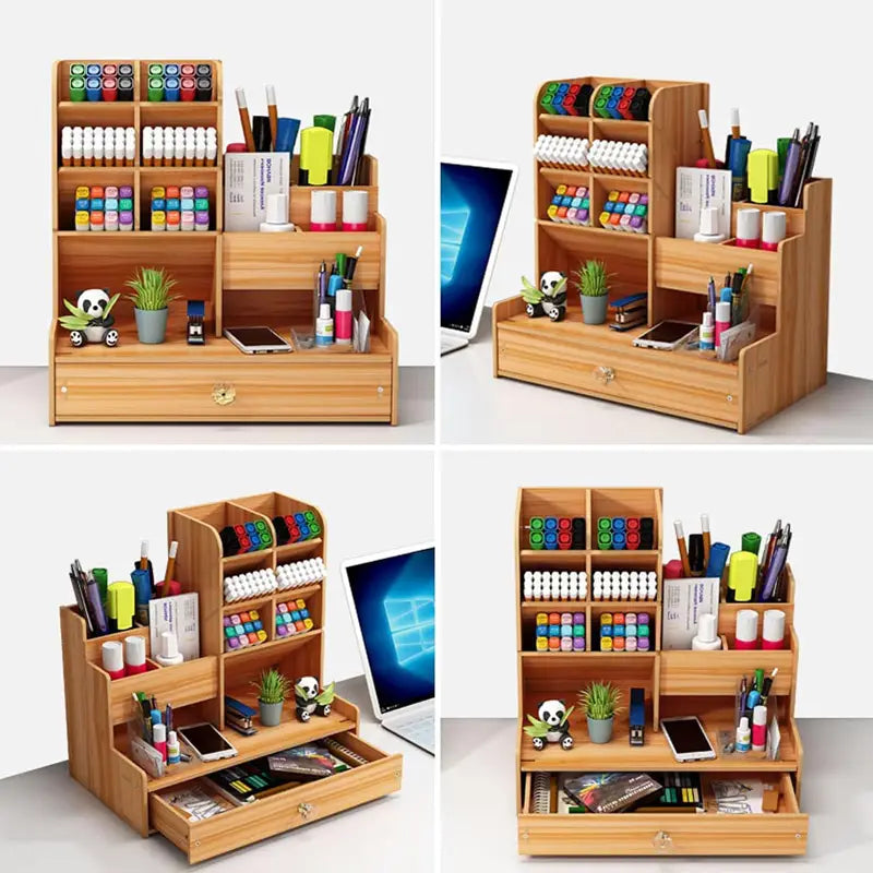 Light brown wooden desk organizer with drawer featuring multiple compartments and shelves holding pens markers small plants and a panda figurine.