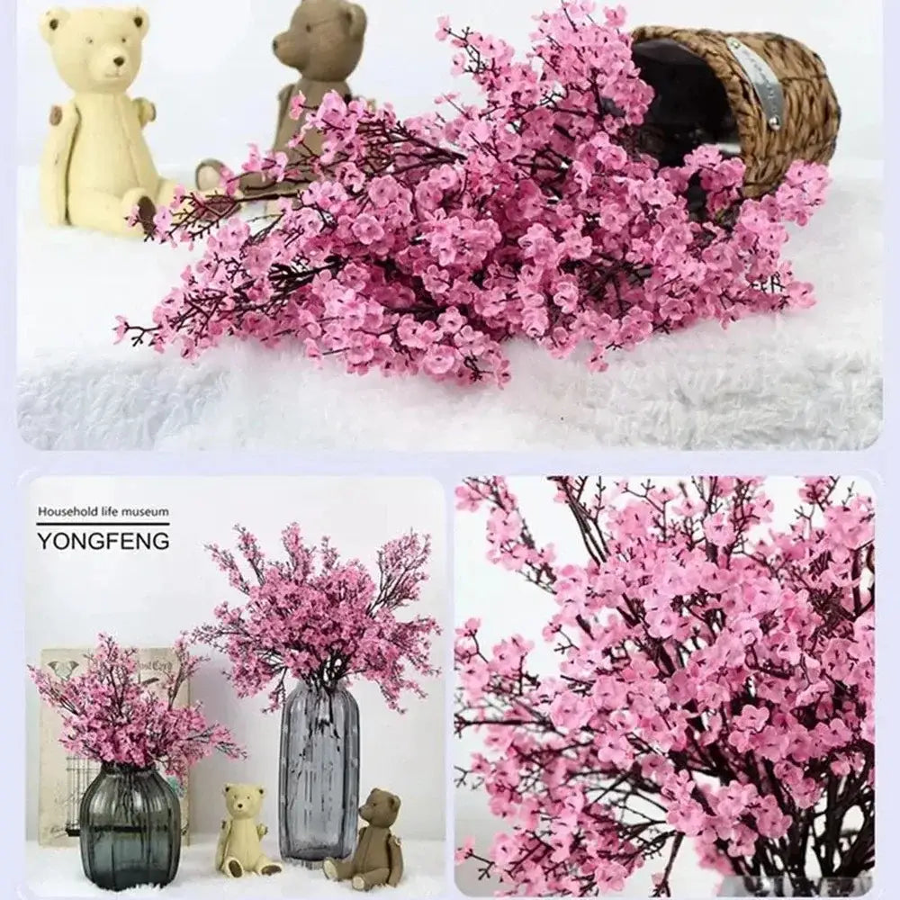 artificial flowers cherry blossoms bouquet with pink petals and dark brown stems arranged in various decorative styles