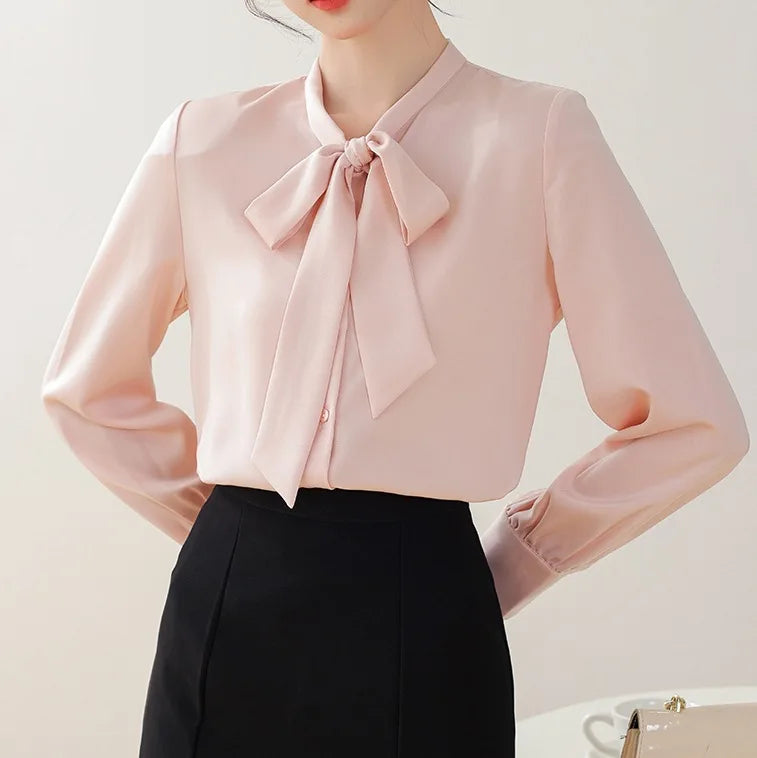 Women Elegant Satin Blouse Bow Tie Neck Puff Long Sleeve Formal Office Work Shirt For Spring Autumn