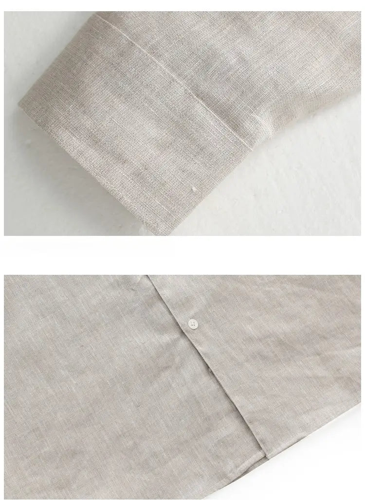 Men’s light beige linen mandarin collar shirt with subtle texture and a single white button.