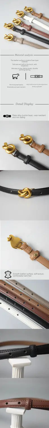 Ein Damengürtel aus Leder mit Designer-Ausrichtung, mit einer goldfarbenen, skulpturalen Knotenschnalle, erhältlich mit Lederriemen in Schwarz, Braun, Weiß und Beige.