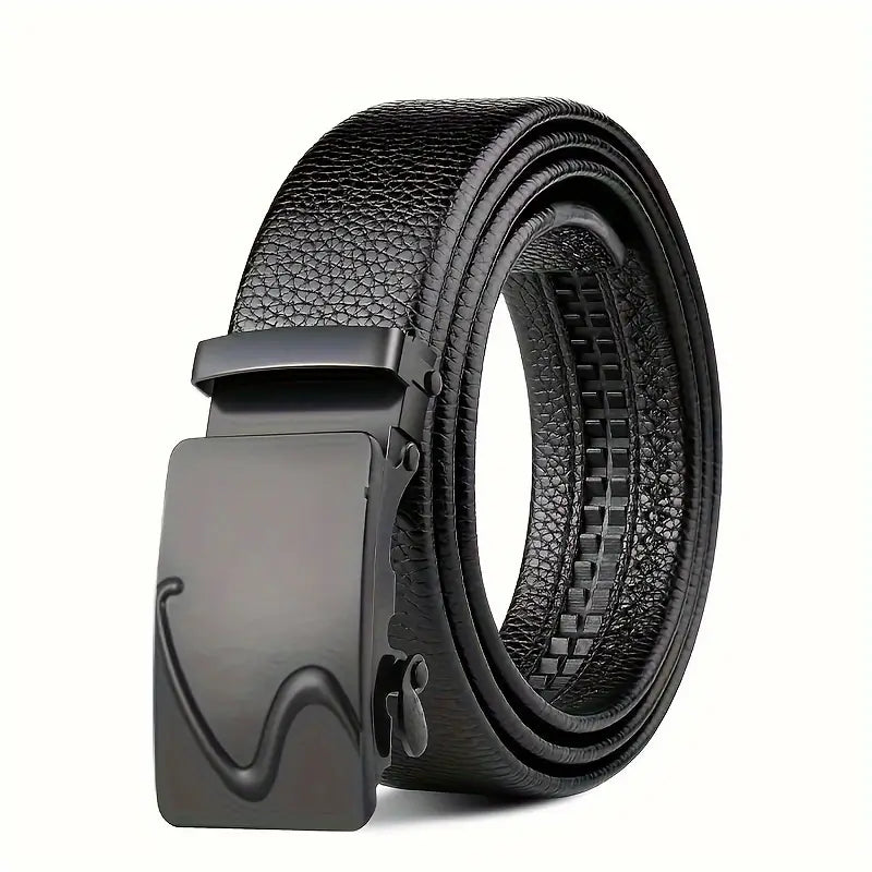 Black leather men’s automatic buckle belt with a matte black buckle featuring an embossed wave design.