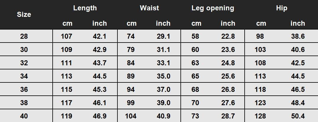 Size chart for men flare jeans distressed dark gray denim trousers showing measurements in centimeters and inches for sizes 28 to 40.