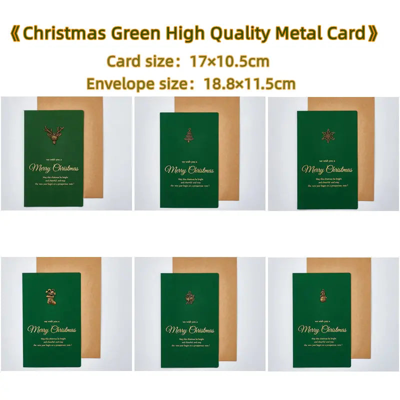 Christmas greeting cards set featuring a green high-quality metal card with gold foil embossed holiday motifs and elegant script text with matching gold foil envelopes.