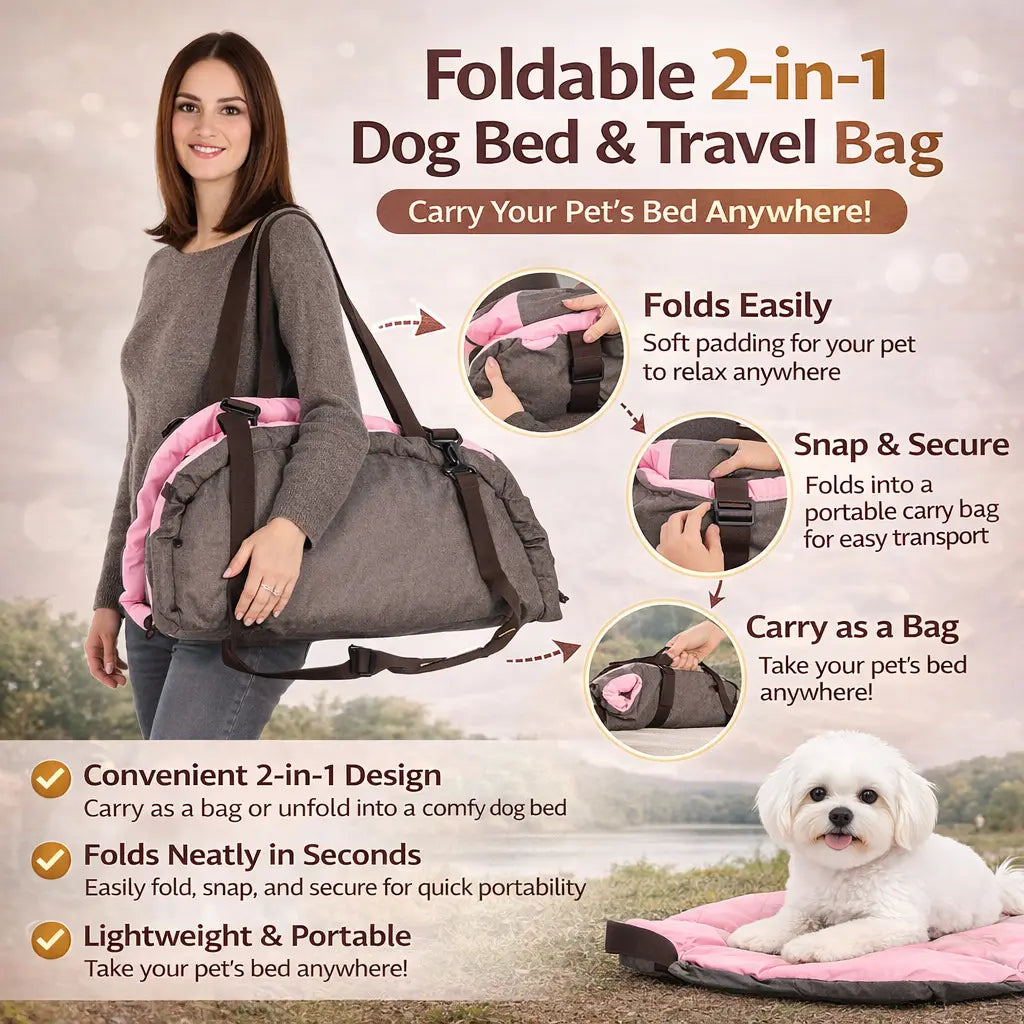Couchage pour chien pliable 2-en-1 gris et rose et sac de voyage, avec rembourrage doux, fermeture à pression et clip de laisse de sécurité pour un transport sécurisé de l’animal.