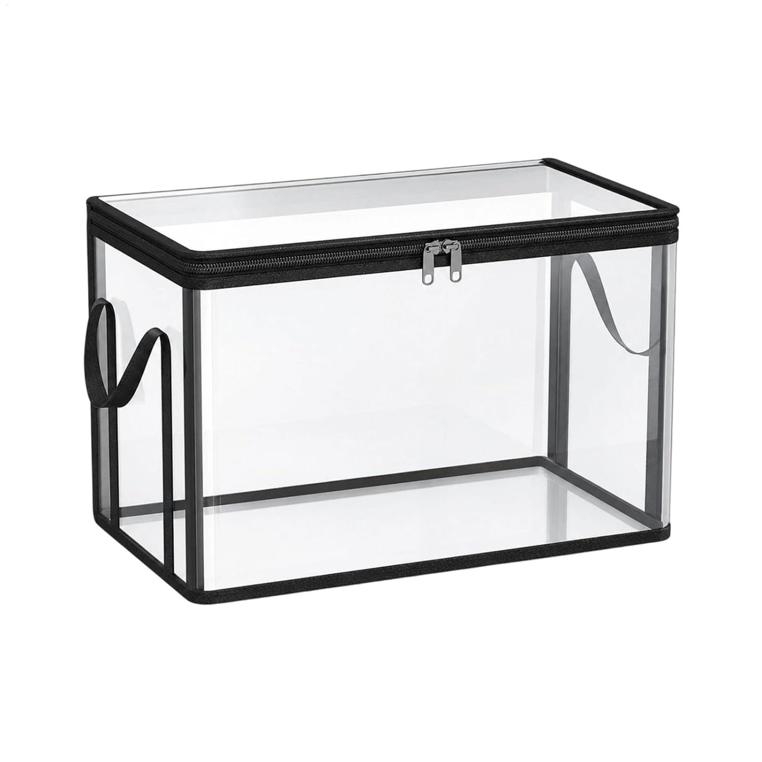 Boîte de rangement rectangulaire pour livres empilable transparente avec fermeture éclair noire et poignées, conçue pour un transport et une organisation faciles.