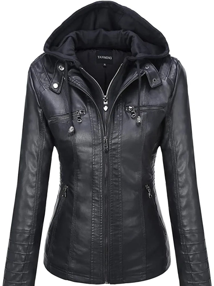 Hooded Leather Jacket Two-Piece Set Removable Large Size Leather Jacket for Women Spring Fall Outwear Women Pu Washed Leather