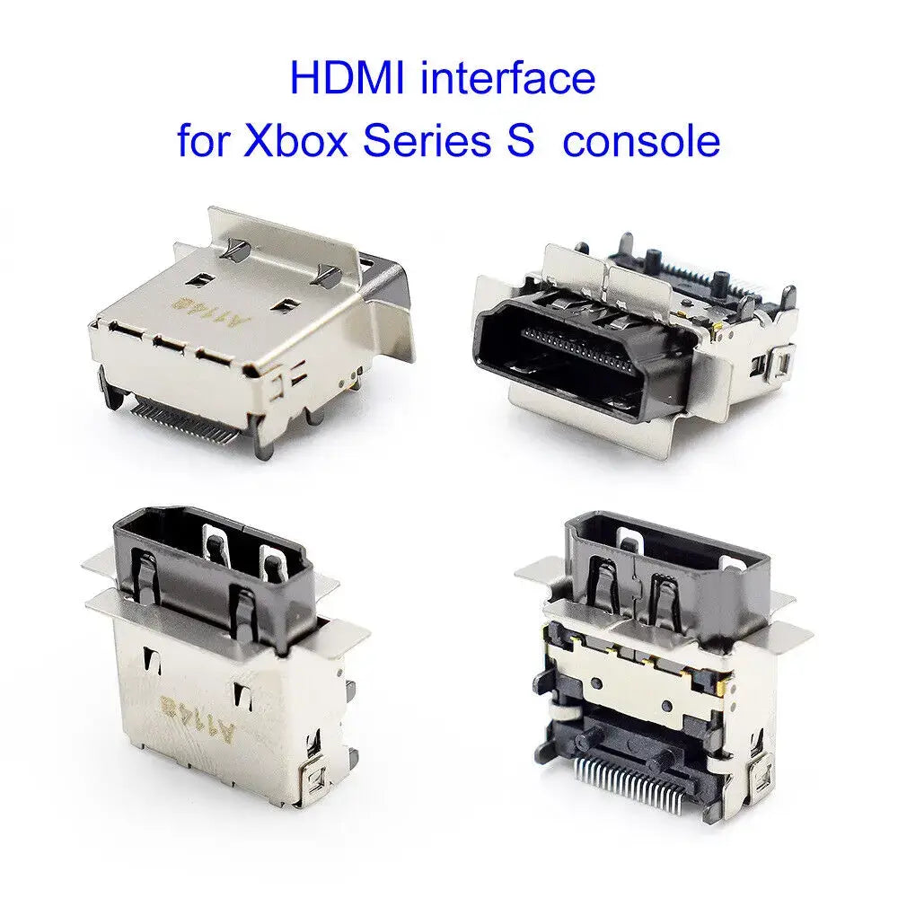 Silberfarbener originaler HDMI-Anschluss für die Xbox Series S-Konsole mit Metallgehäuse, schwarzen Kunststoff-Einsätzen und vergoldeten Kontakten.