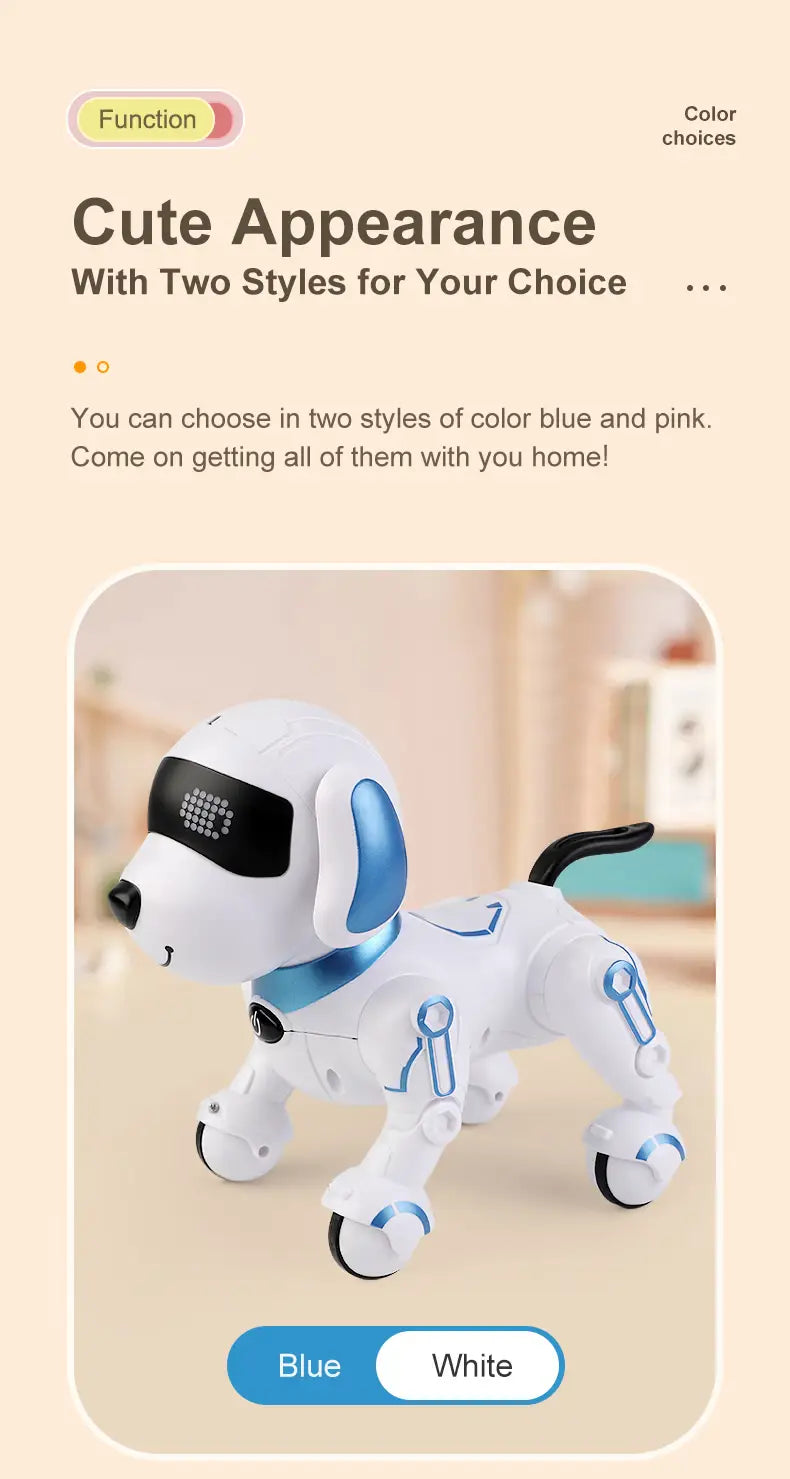 White and blue rc robot dog interactive smart electronic stunt pet with a sleek futuristic design.