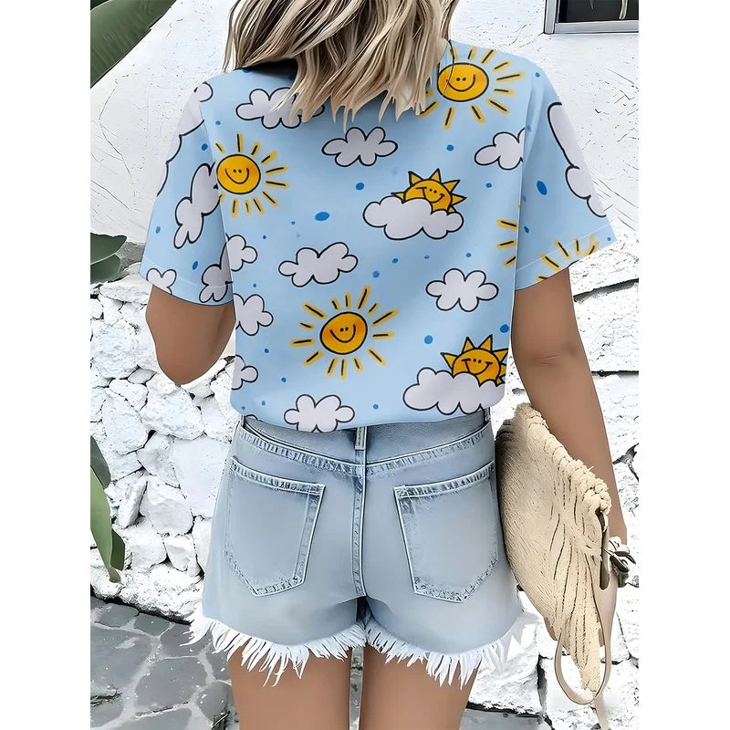 Women'S Short Sleeve Shirt Summer New Sun Cloud Print Versatile Casual