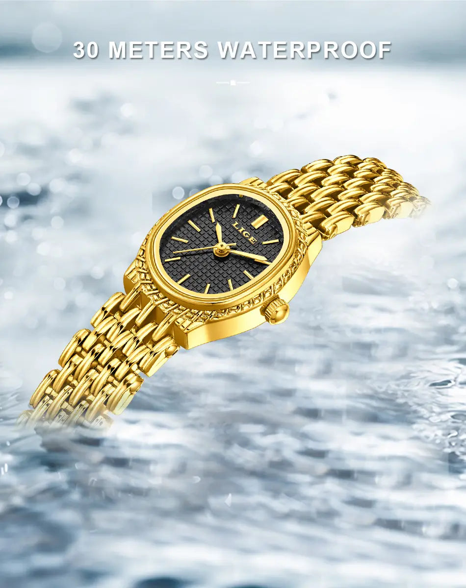 Lige women gold quartz watch featuring a gold-tone mesh bracelet and a black textured dial with gold hour markers.