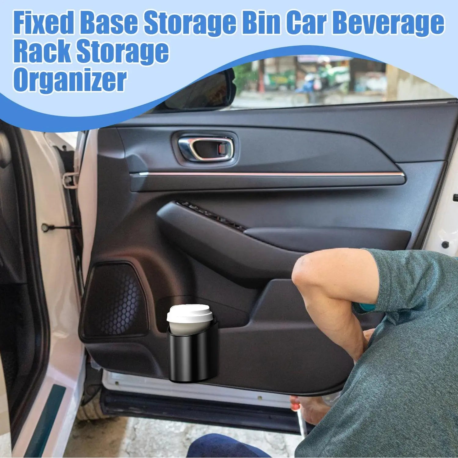 Black cylindrical car door cup holder with a white lid designed to securely hold beverages for vehicles
