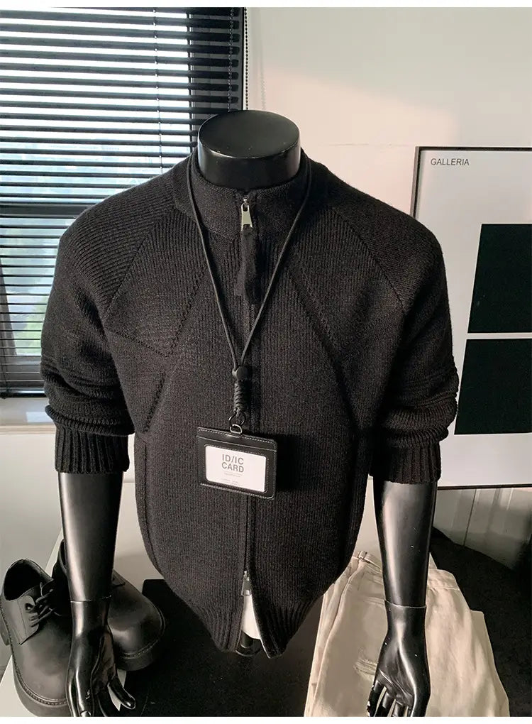 Black ribbed knit sweater with high collar and front zipper displayed on mannequin for mens knit cardigan sweater full zip available in size shoulder chest length from m to 3xl.