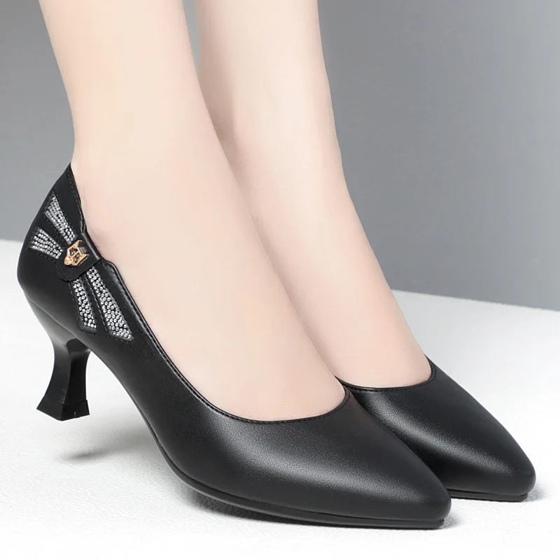 Genuine Leather Women's Shoes 2023 Spring New Single Leather Shoes Work Shoes Mid-high Heel All-match Ladies Women's Shoes