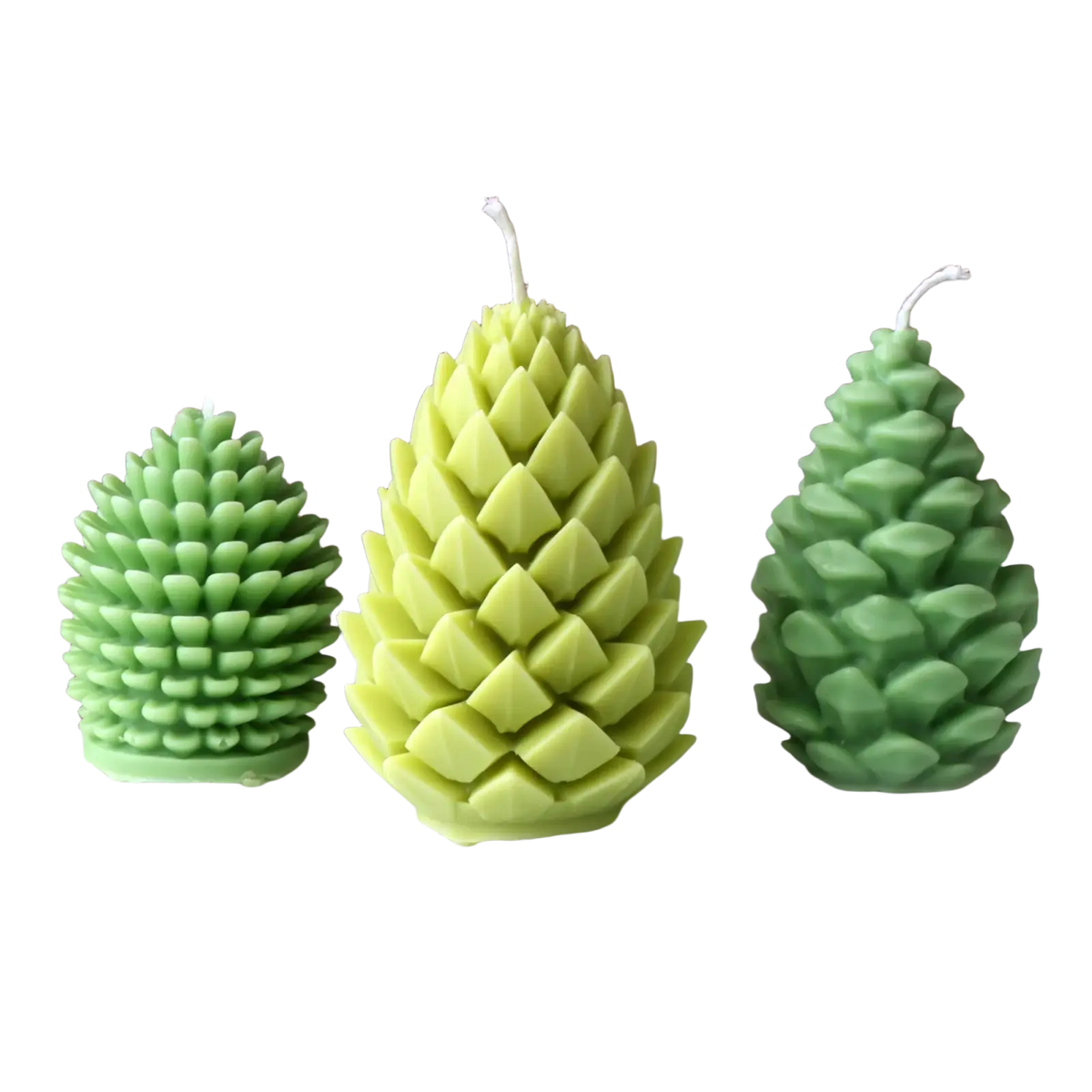 Three green pinecone candle silicone candles with textured layered scales and white wicks for home decor gifts
