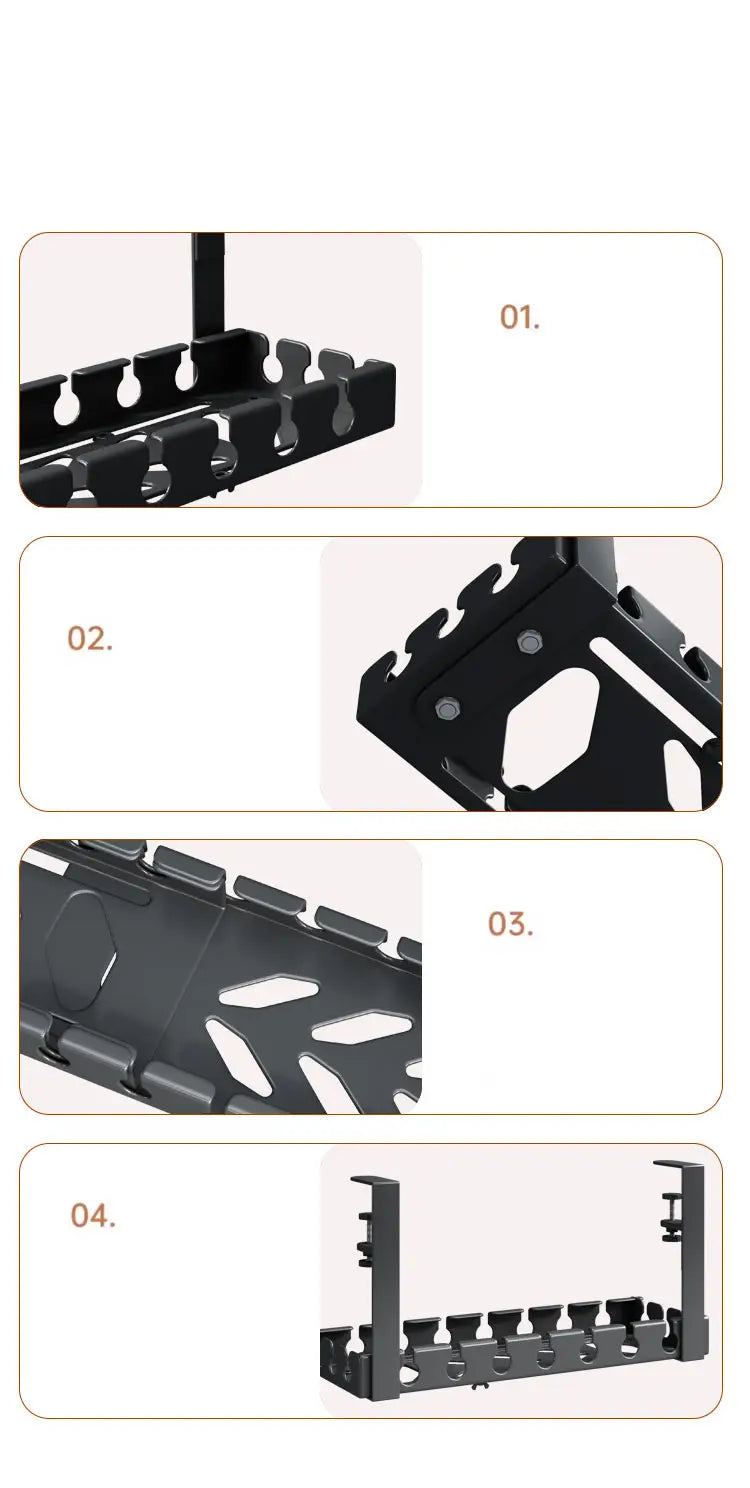 black plastic desk cable management tray with a modular design and multiple mounting brackets for organizing metal wire cables
