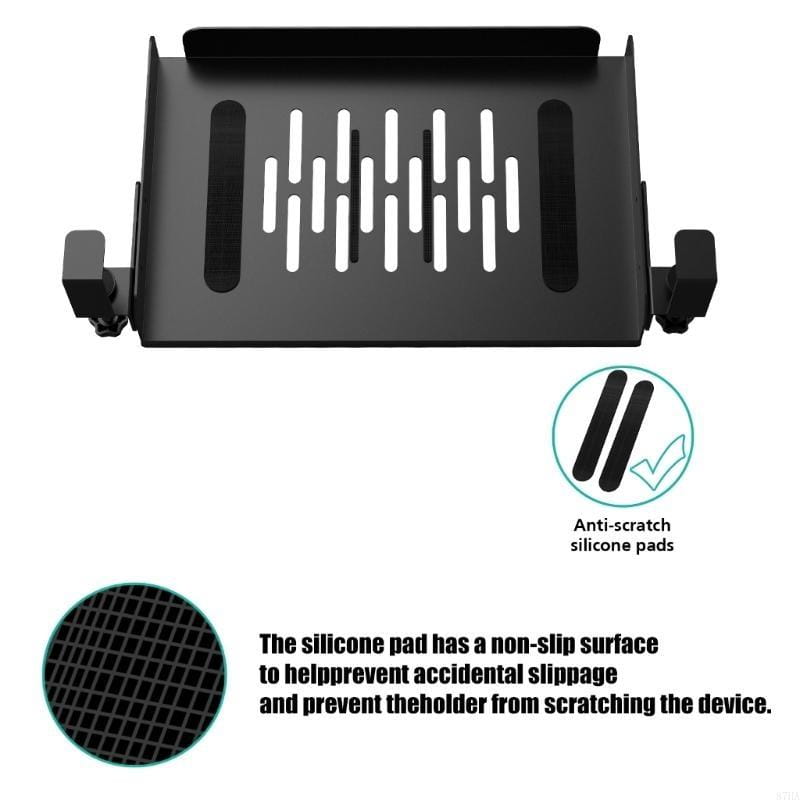 Black metal under desk laptop tray and cable management organizer with anti-scratch silicone pads for device protection.