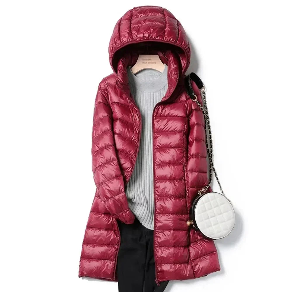 Fashionable Outerwear Winter Women Korean Fashion Slim Remove Hooded Parka Down Jackets Long Light Thin Coat Puffer Jacket