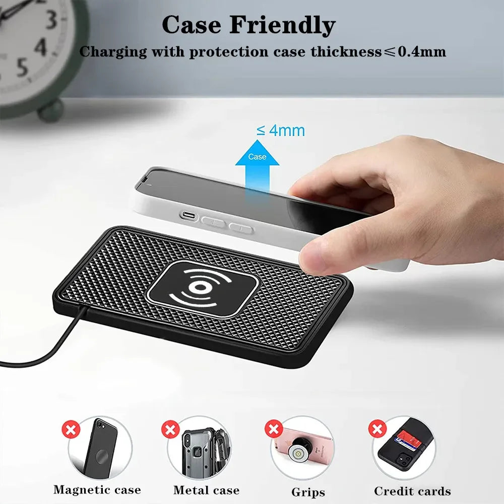 15W Fast Car Wireless Charging Pad Anti Slip Phone Charger Mat For Vehicles Universal Fit Case Friendly Safety Protection