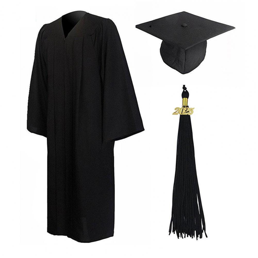 Vestimenta académica unisex para graduación, toga y birrete, en color negro, con escote en V, manga larga, y birrete a juego con borla dorada de 2025.