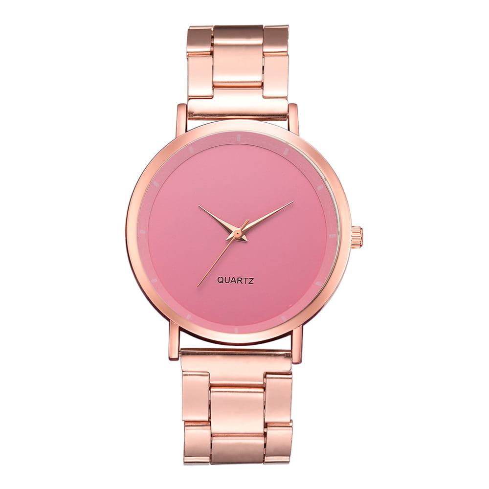 Rose gold women luxury quartz wristwatch featuring a sleek minimalist design with a solid pink dial and matching metal bracelet suitable for business use.