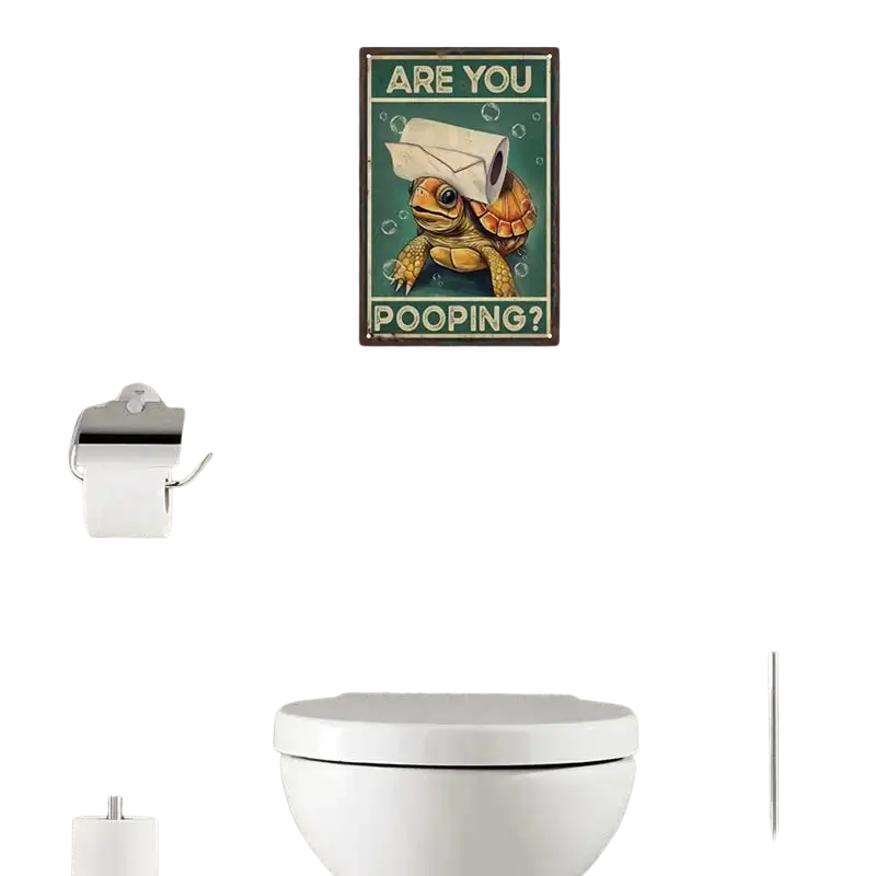 One piece vintage metal tin sign featuring a white ceramic toilet with sleek rounded edges for bathroom wall decor