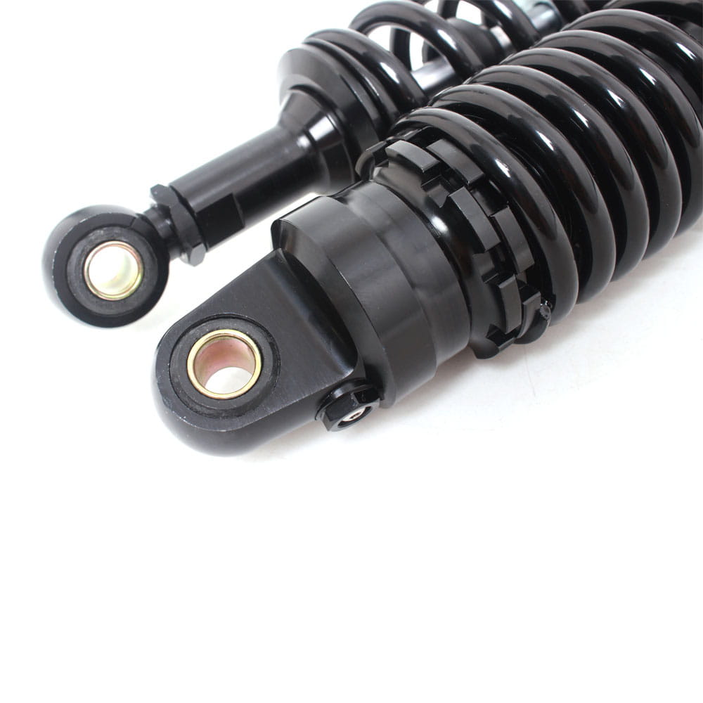 A pair of 360mm universal black motorcycle rear shock absorbers with coiled springs and metallic fittings shown from the back side.
