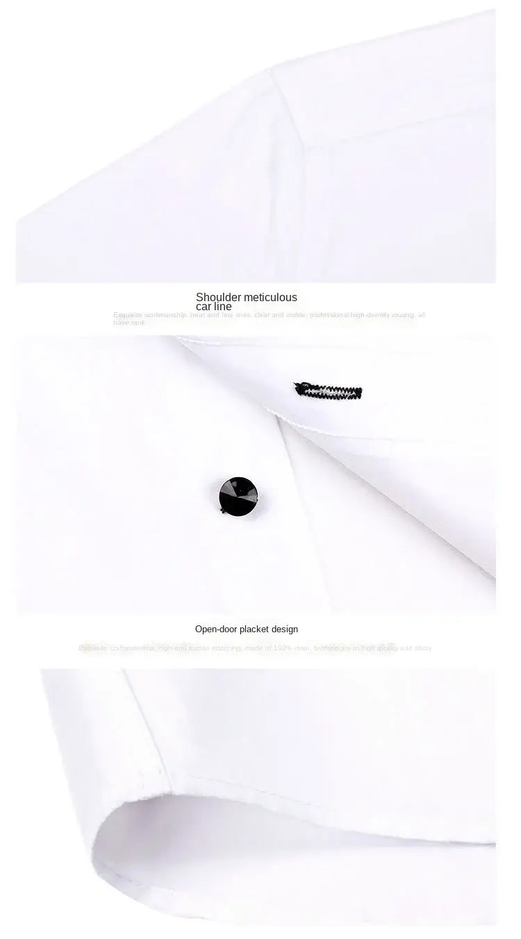 Men slim fit long sleeve dress shirt in white with black buttons and an open-door placket design suitable for formal occasions.
