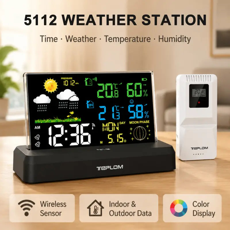 Black rectangular 5112 wireless weather station with a colorful digital display showing indoor and outdoor temperature, humidity, time, and other data powered by lr6 AAA batteries.