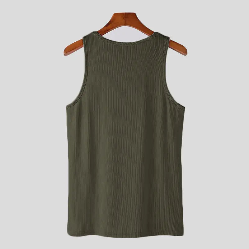 Olive green solid color casual men’s ribbed knit sleeveless tank top hanging on a wooden hanger.