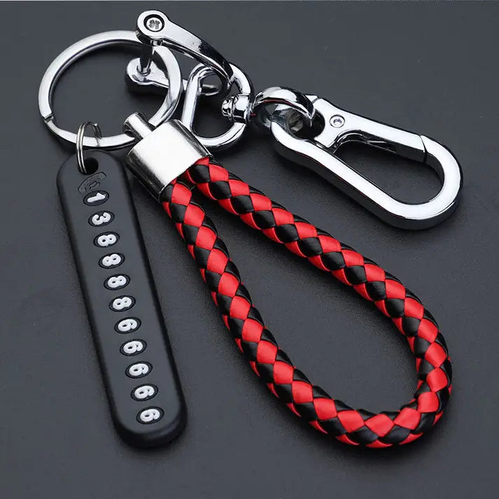 Red and black braided leather anti-lost car key ring pendant with a silver stainless steel carabiner clip.