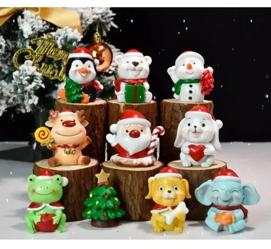 Colección de figuras decorativas navideñas de animales de resina brillante y colorida, que presenta pingüinos, osos, muñecos de nieve, renos, Santa Claus, perros, ranas y elefantes vestidos con atuendos festivos para decoración de escritorio.