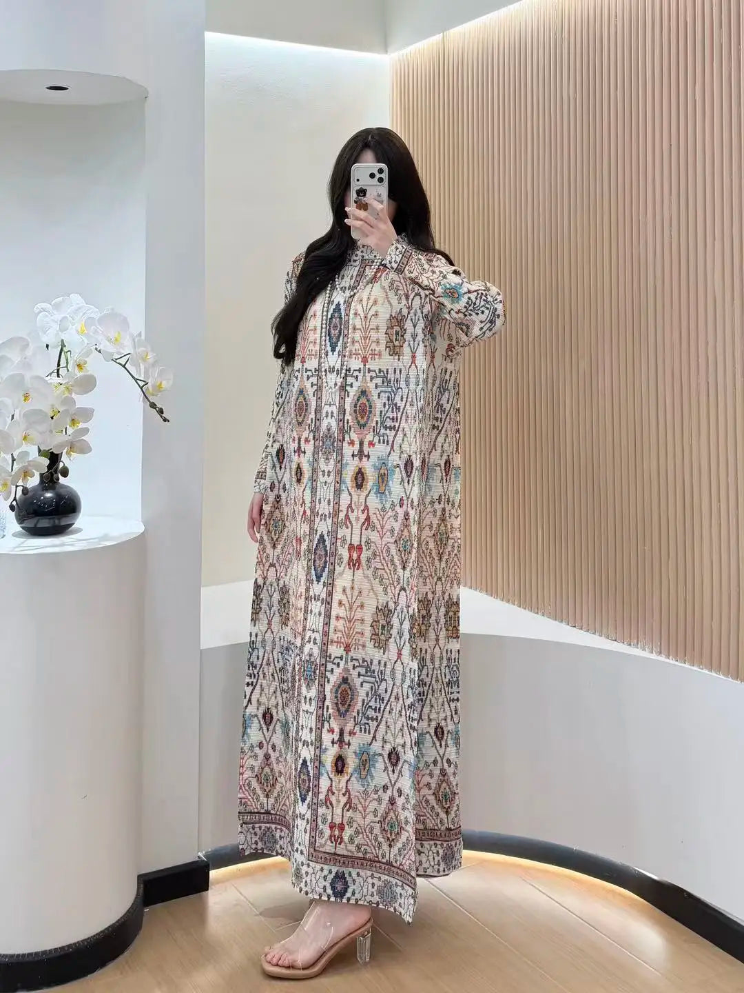 Abaya Ethnic Geometric Pattern Pleated Long Sleeve Loose Maxi Attire Middle Eastern Artistic Style Modest Classy Daily Outfits