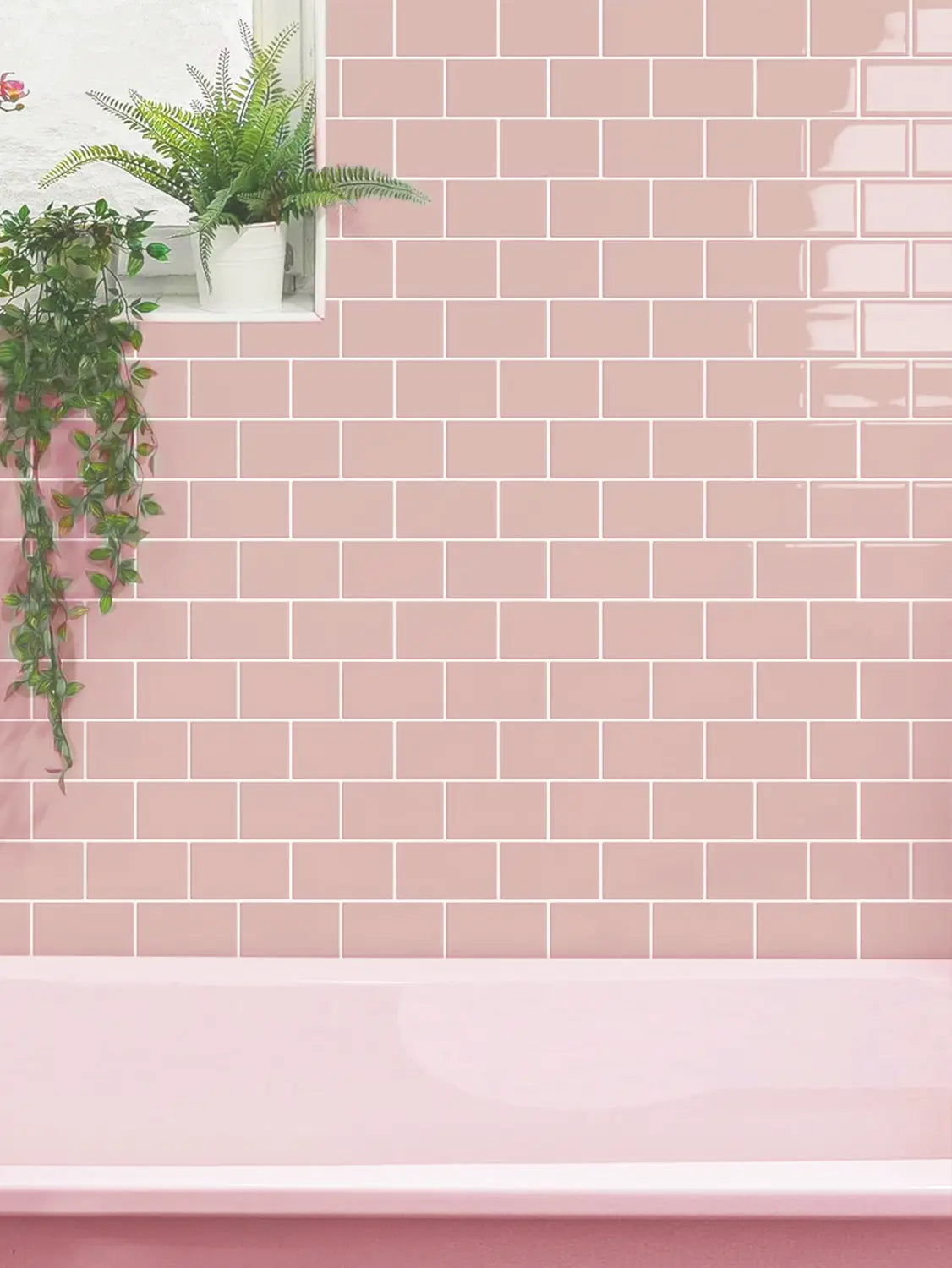 pink peel and stick tile backsplash with glossy white subway tiles and white grout mounted on the wall in direct contact for a fresh paint inspired look