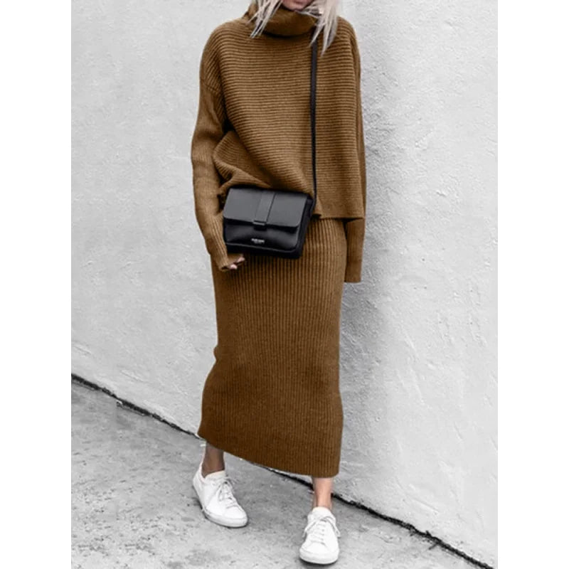 Women's Casual Dress Sweater Knitted Set 2022 Autumn New Casual Loose Fashion Round Neck Long Sleeve Long Dress Two Piece Set